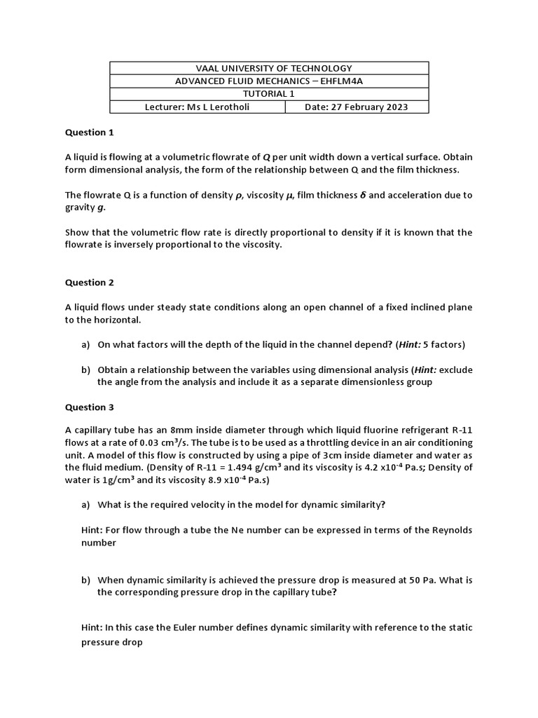 Tutorial 1 Pdf Pressure Fluid Dynamics