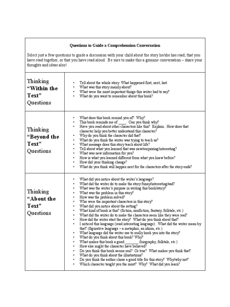 Comprehension Questions for Parents | PDF | Thought | Writers