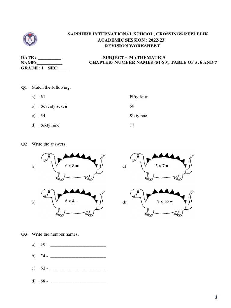 Revision Worksheet Pa 3 Number Names (5180), Tables 5,6,7 PDF