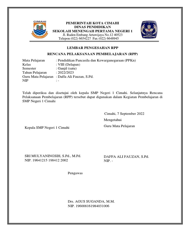 Lembar Pengesahan RPP PPKn SMP 1 Cimahi | PDF