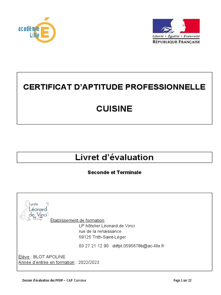 Page De Garde Signature Cahier D évaluation CAP Cuisine - Livret D'évaluation Modèle 2022 Bis | PDF | sauce | Sécurité