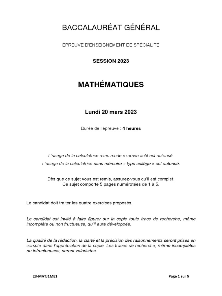 Sujet Bac Maths 2023 Corrigé | PDF | Limite (mathématiques ...