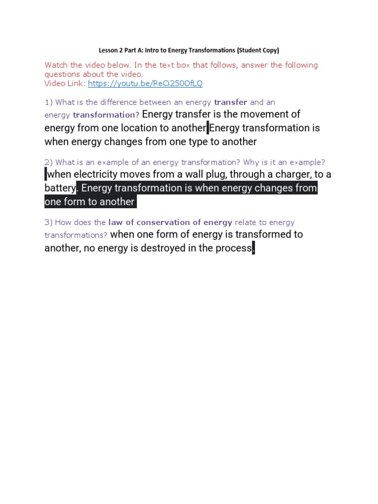 Lesson 2 Part A Intro To Energy Transformations - Student | PDF | Home ...