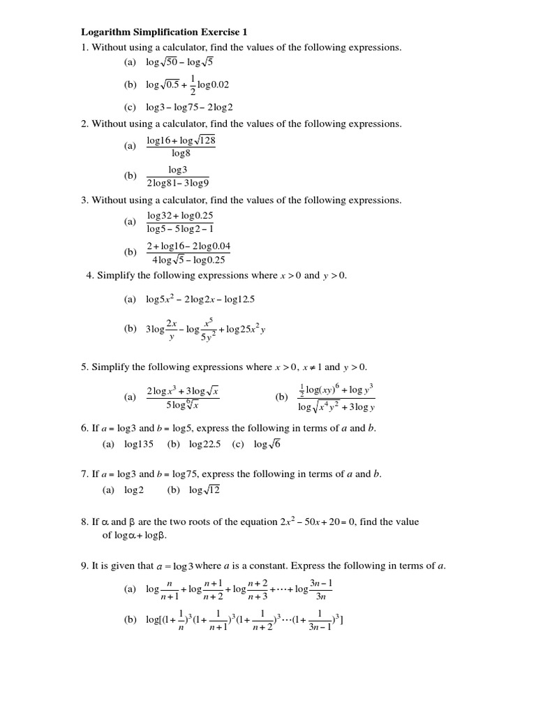 Logarithm Simplification Exercises | PDF | Logarithm | Decibel