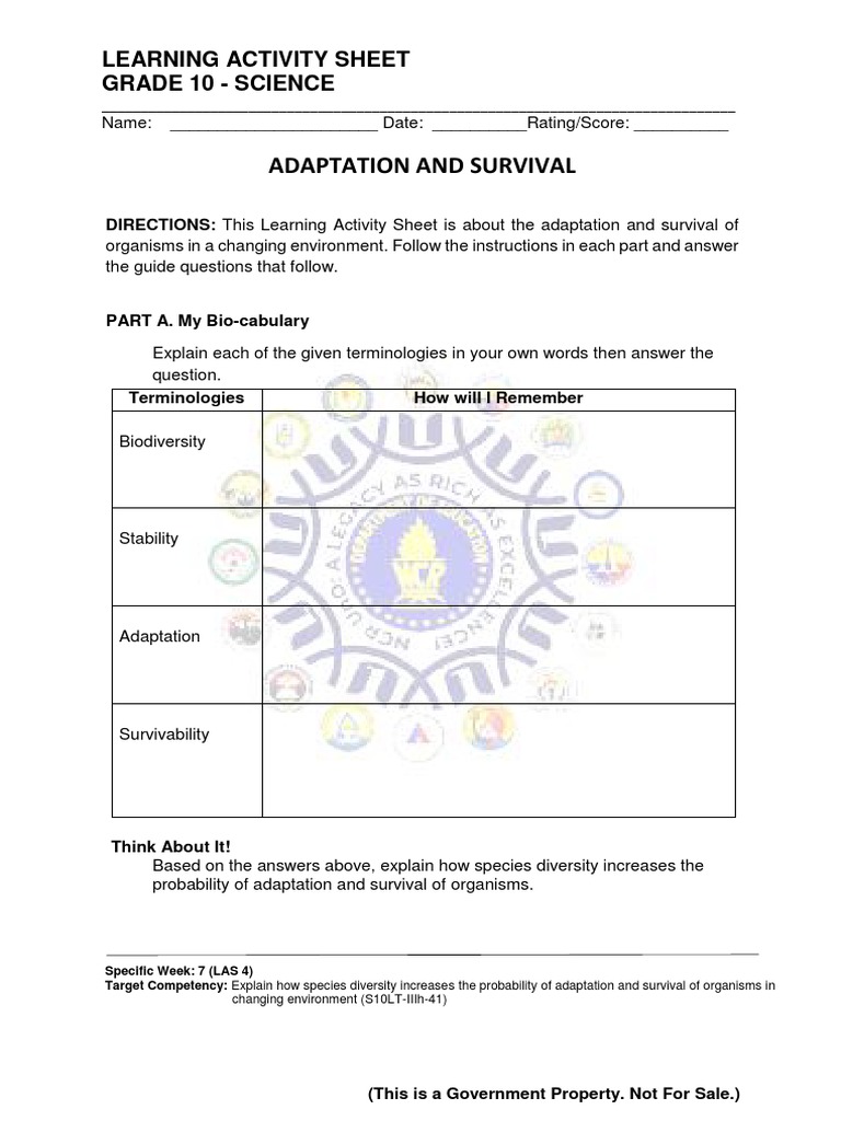 Grade 10 Science: Adaptation & Survival | PDF | Biodiversity | Adaptation
