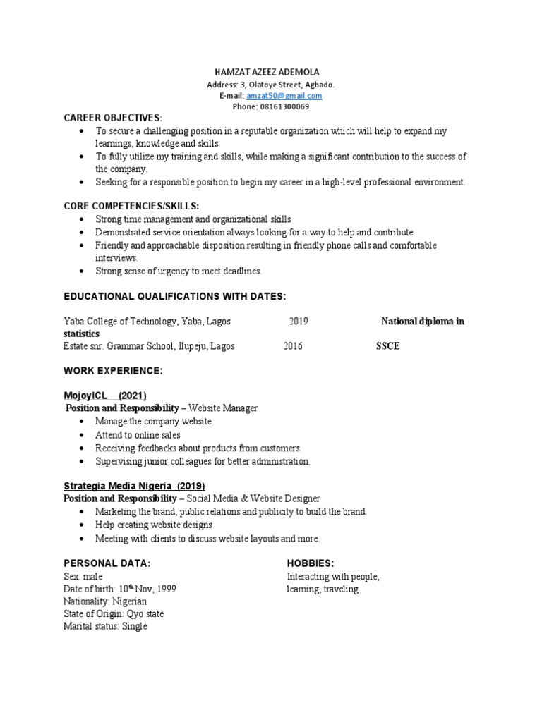 Resume of Hamzat Azeez Ademola | PDF