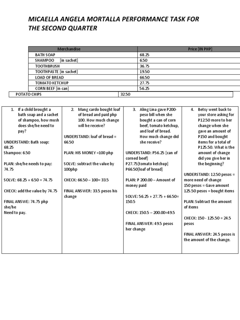 Math Performance Task For The Second Quarter DONE VERSION | PDF | Foods