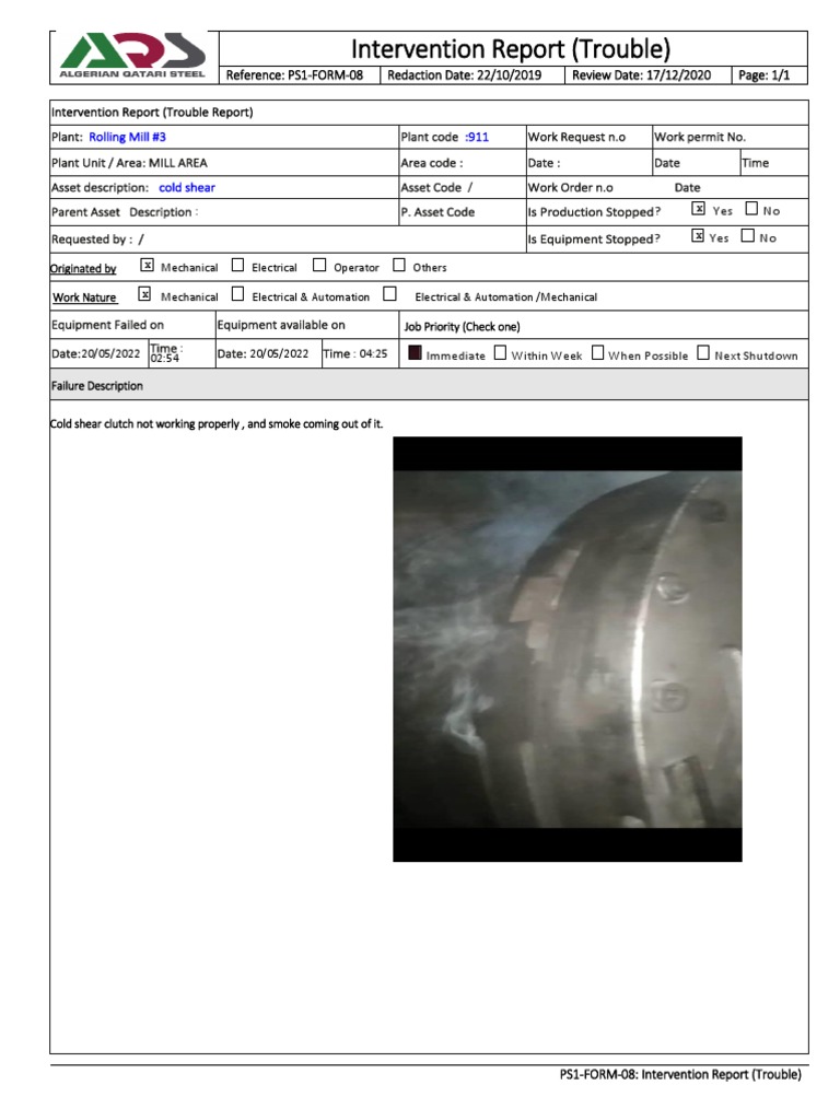 FORM 08 Intervention Report Cold SHEAR Clutch PDF Clutch