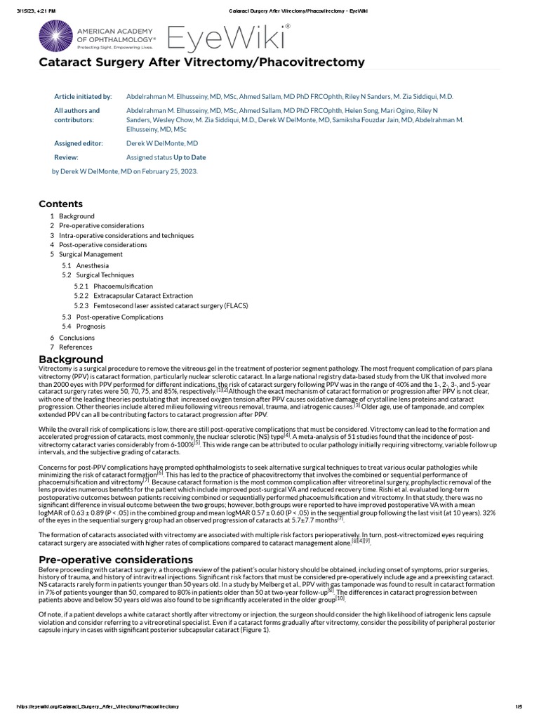 Cataract Surgery After Vitrectomy Phacovitrectomy American Academy