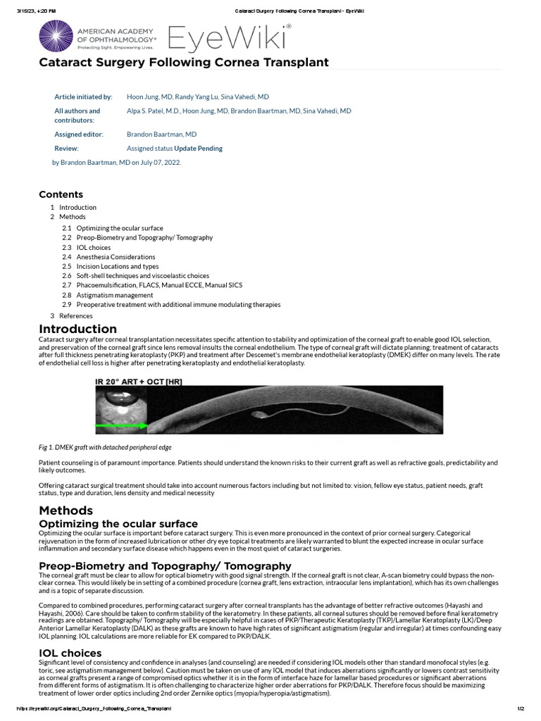 Cataract Surgery Following Cornea Transplant American Academy Of