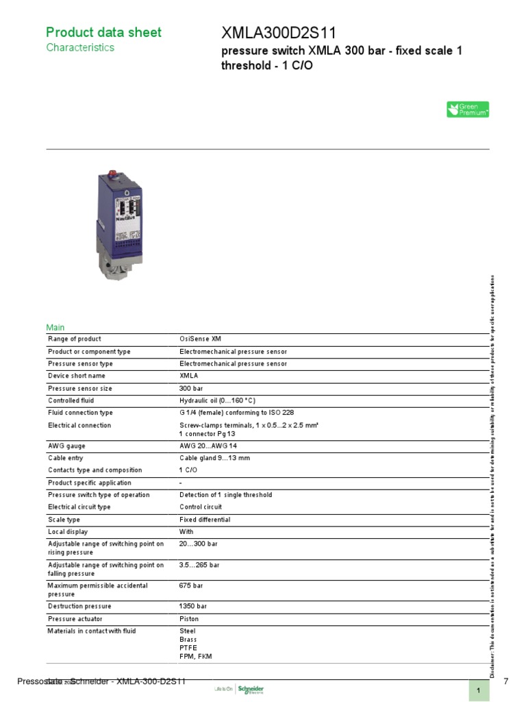 Schneider Electric Pressure Switch XMLA 300 bar Fixed Scale 1