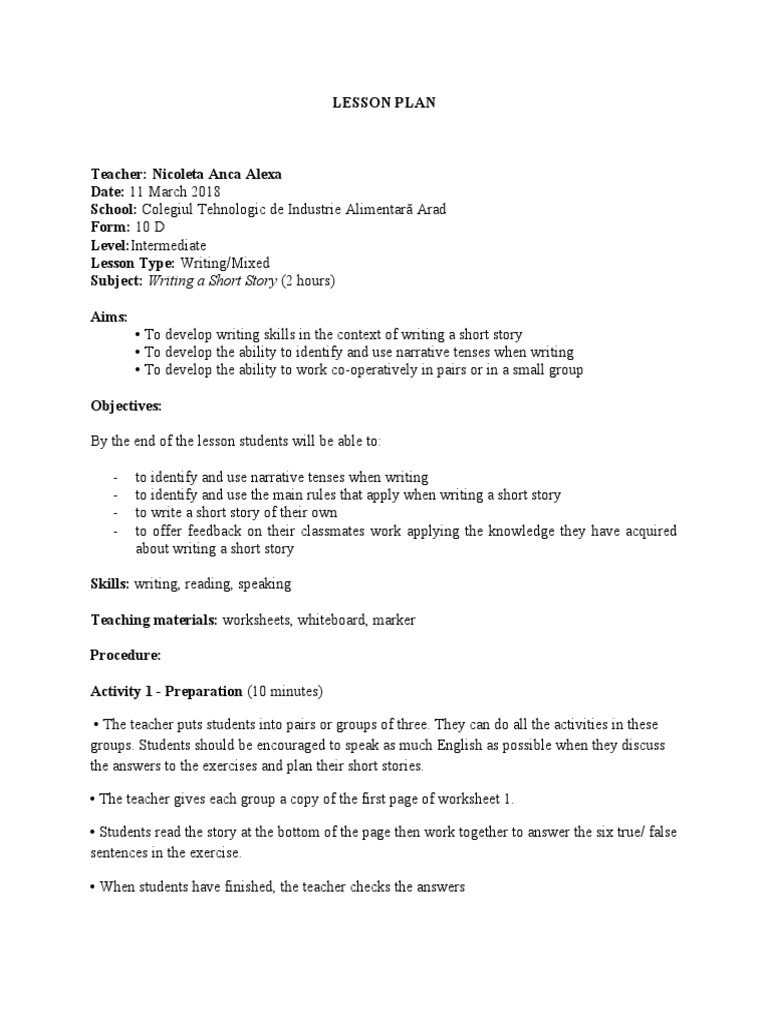 Writing A Short Story Lesson Plan 11B PDF Lesson Plan Teachers