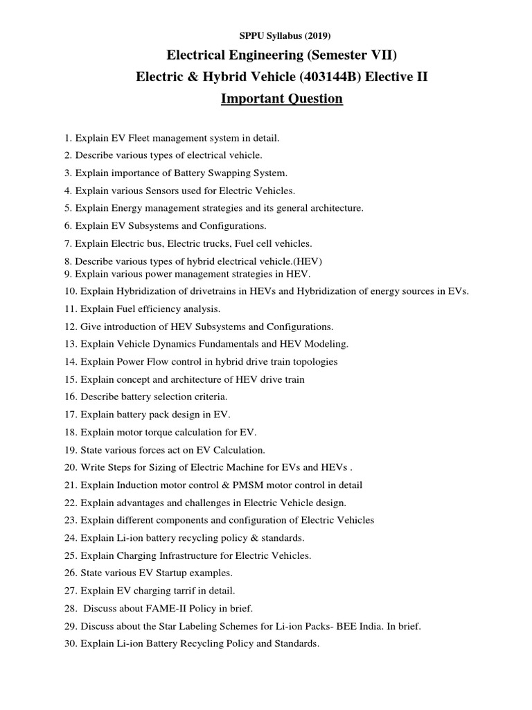 Electric Vehicle Question Bank 2025 | PDF
