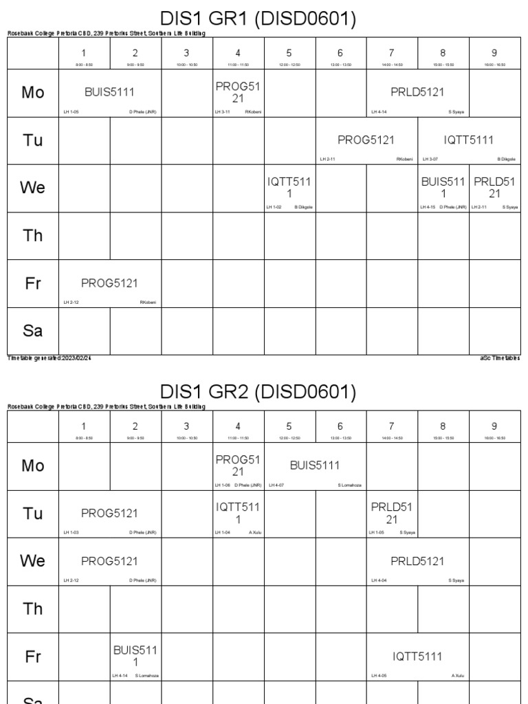 DIS1 Timetable for Semester 1 | PDF