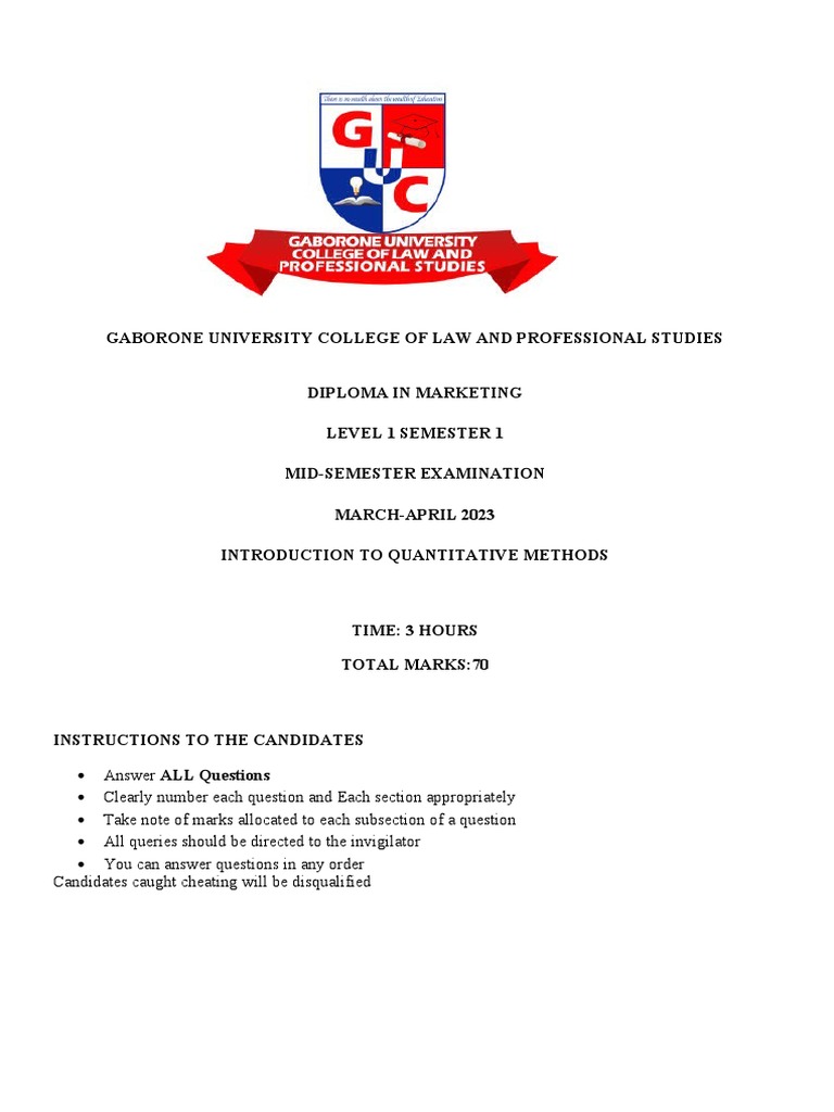 Mid-Semester Exam: Quantitative Methods | PDF | Mean | Mathematics