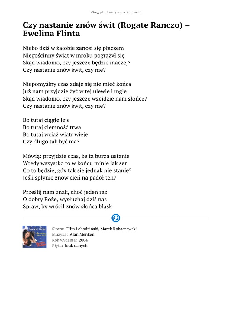 Tekst Ewelina Flinta Czy Nastanie Znow Swit Rogate Ranczo | PDF