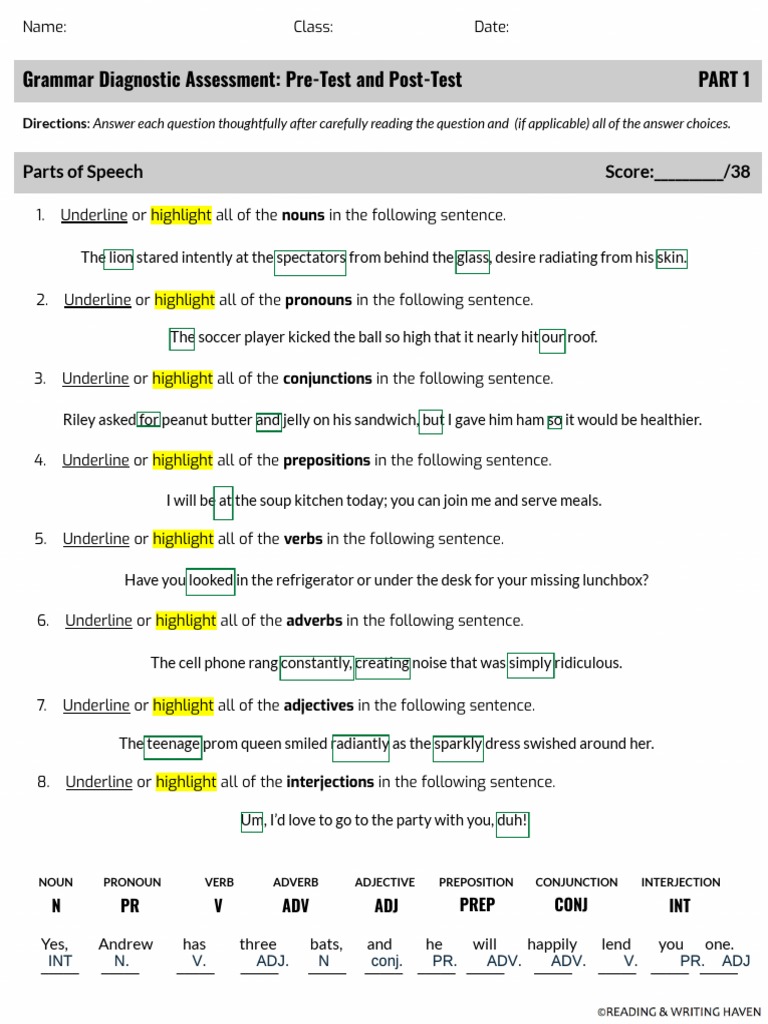 Copy of Grammar Diagnostic Assessment PreTest and PostTest PDF