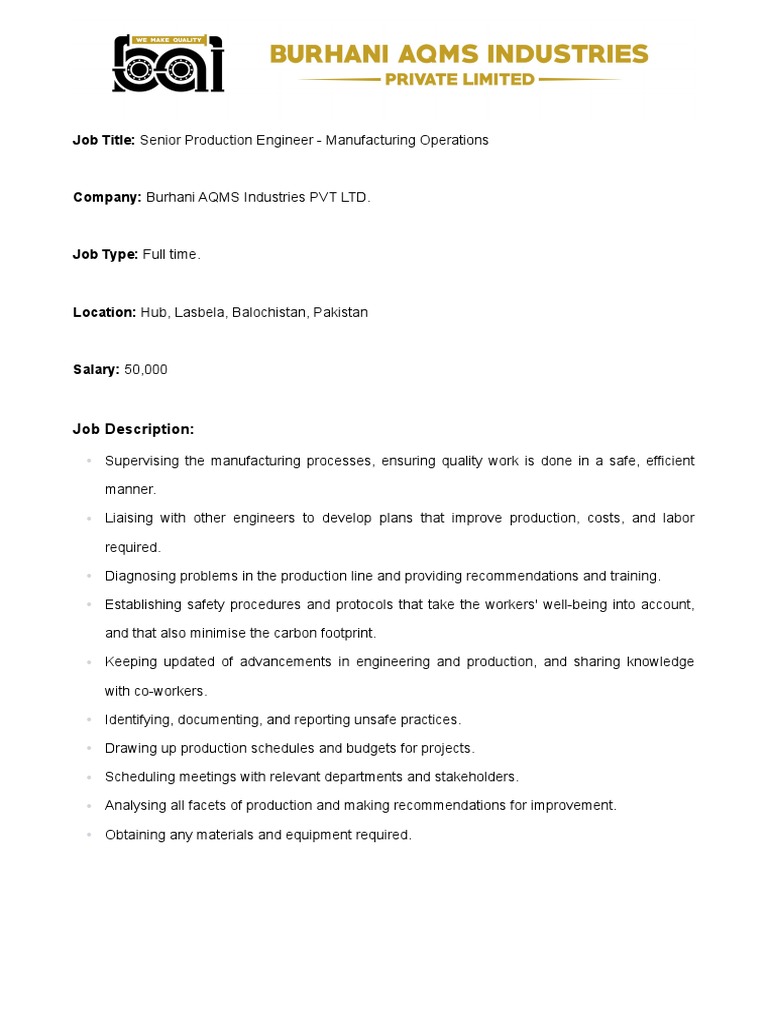 Senior Production Engineer Job | PDF | Art | Technology & Engineering