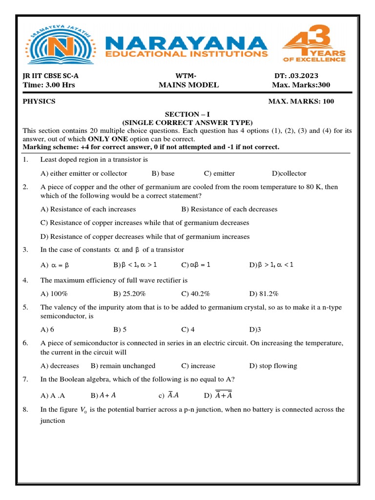 Narayana Entrance Exam Model Paper 2023 | PDF | Logic Gate | P–N Junction