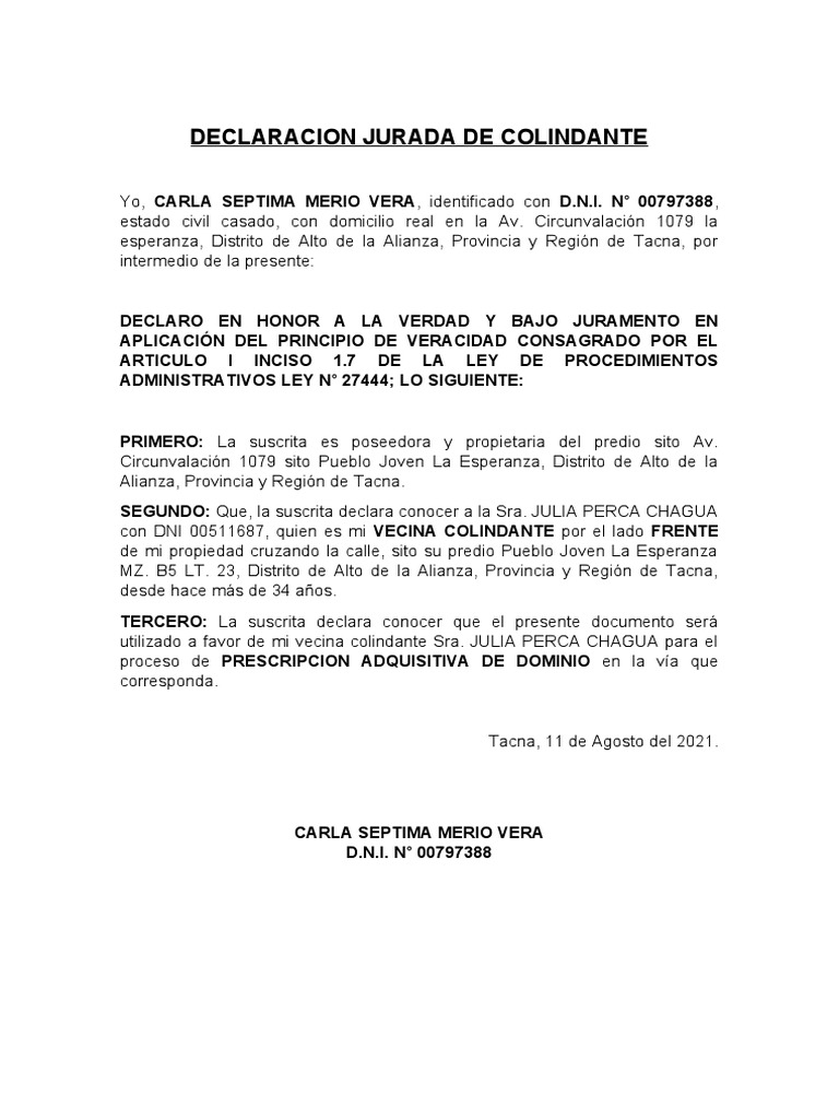 Declaracion Jurada de Colindante | PDF