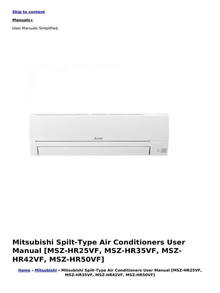 Mitsubishi Spilt Type Air Conditioners Manual MSZ hr25vf MSZ hr35vf MSZ hr42vf MSZ hr50vf PDF