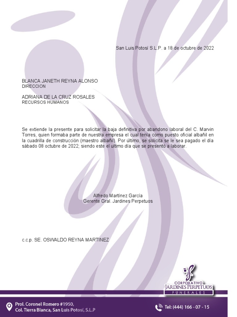 Solicitudes de baja laboral en Jardines Perpetuos | PDF