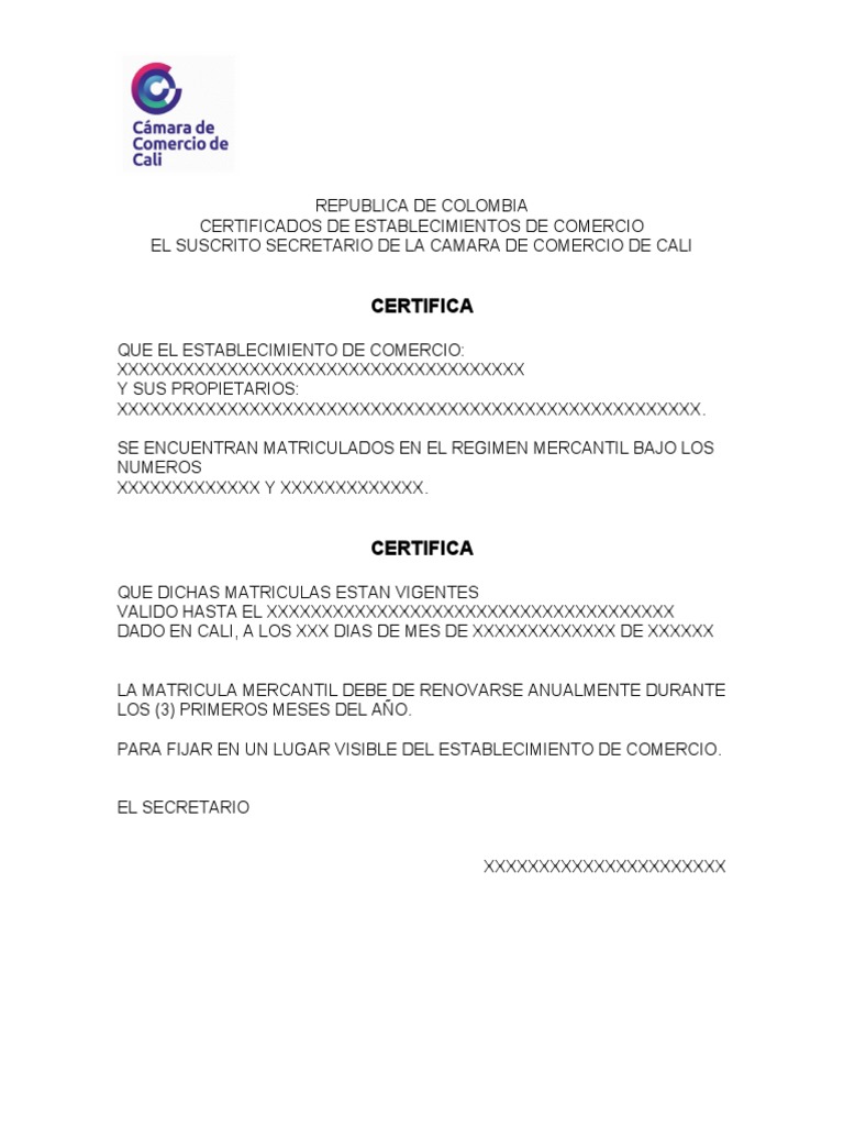 Certificado de Cámara de Comercio Cali | PDF