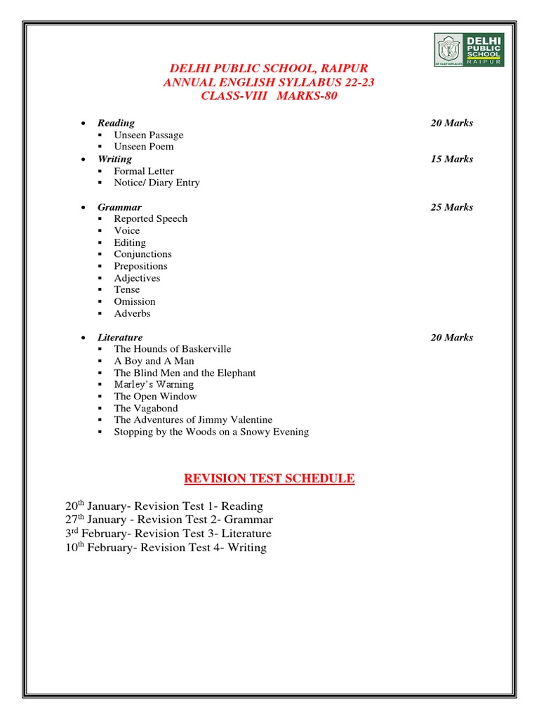 Class 8 Eng Annual Syllabus and Rev Test Schedule 2223 PDF