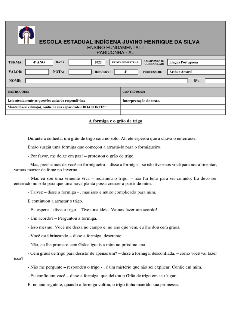 1 - PROVA BIMESTRAL - 4º Ano - LÍNGUA PORTUGUESA | PDF | Formiga | Trigo