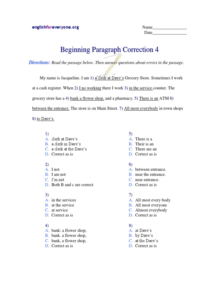 Beginning Paragraph Correction Exercise | PDF