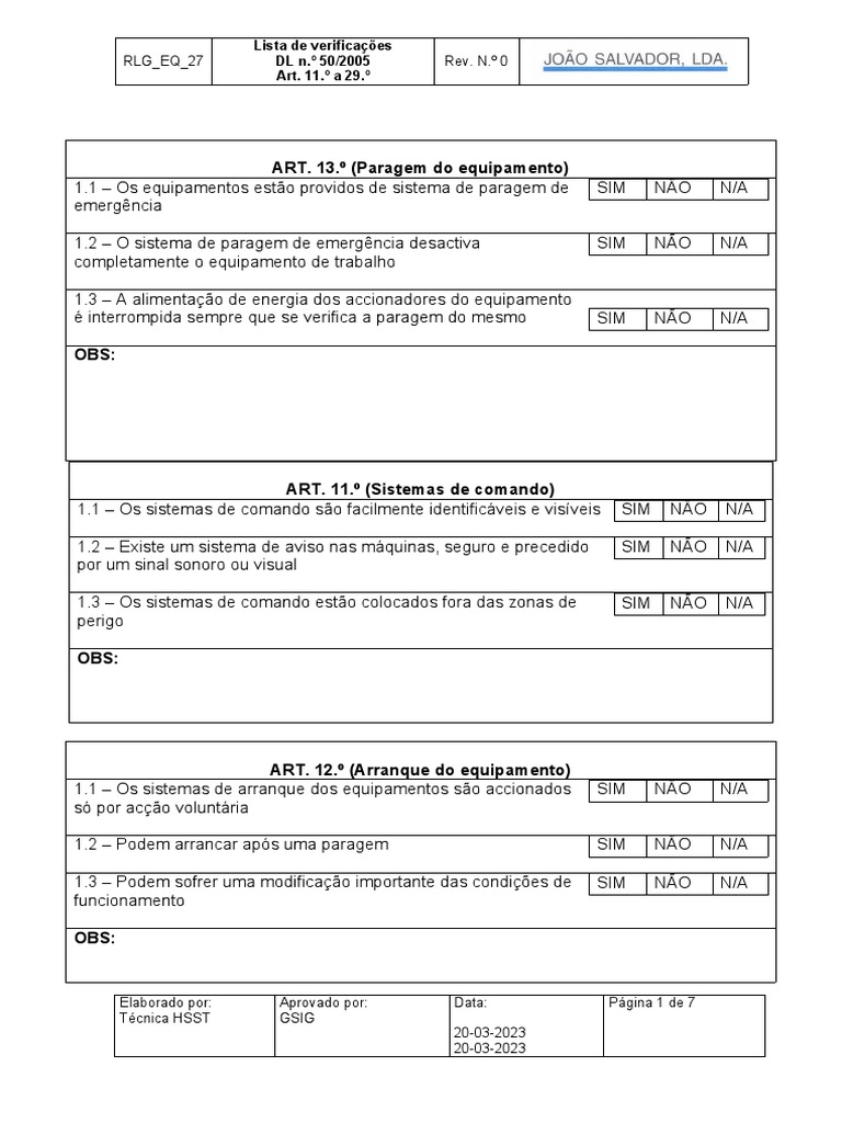 Lista de verifica o de seguran a para equipamentos de acordo com o