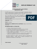 NOTA DE PRENSA #162 - Aviso de Corto Plazo Ante Lluvias Intensas