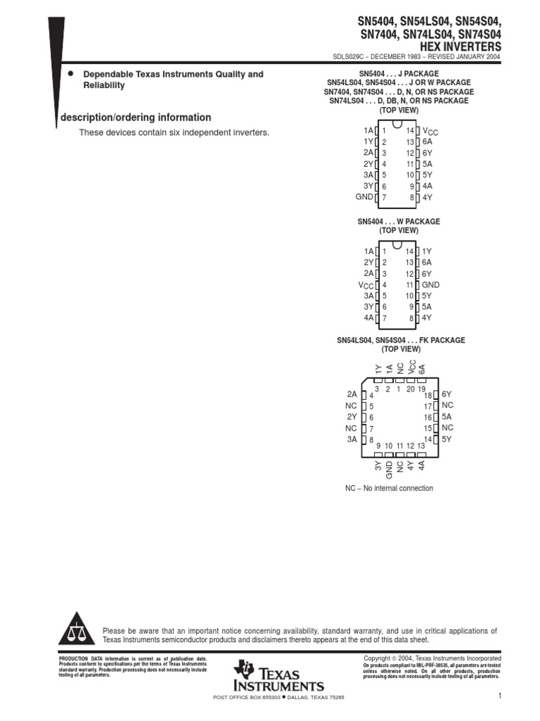 SN 74 Ls 04 | PDF | Logic Gate | Electrical Engineering