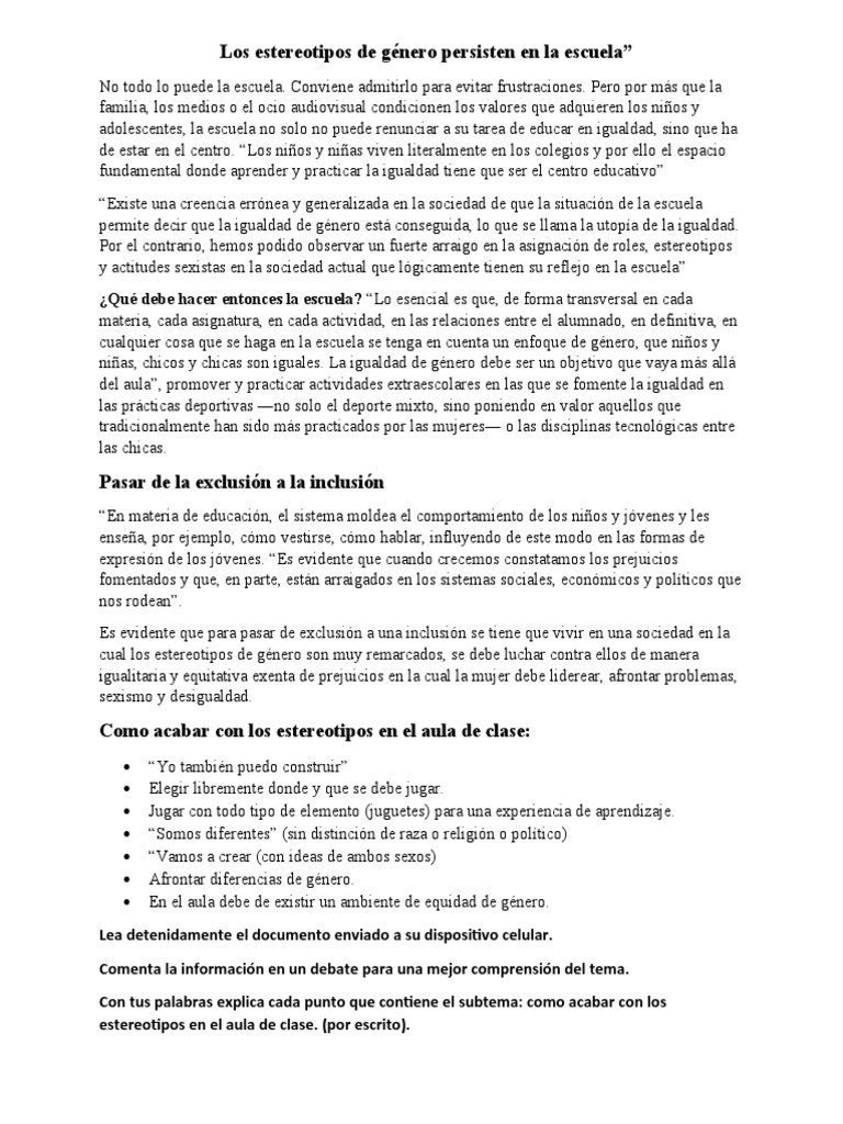 Estereotipos de género en la escuela | PDF | Igualdad de género ...