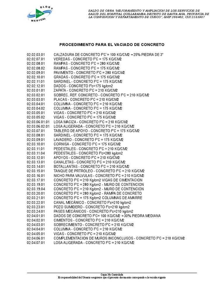 Procedimiento de Vaciado de Concreto | PDF | Hormigón | Hospital