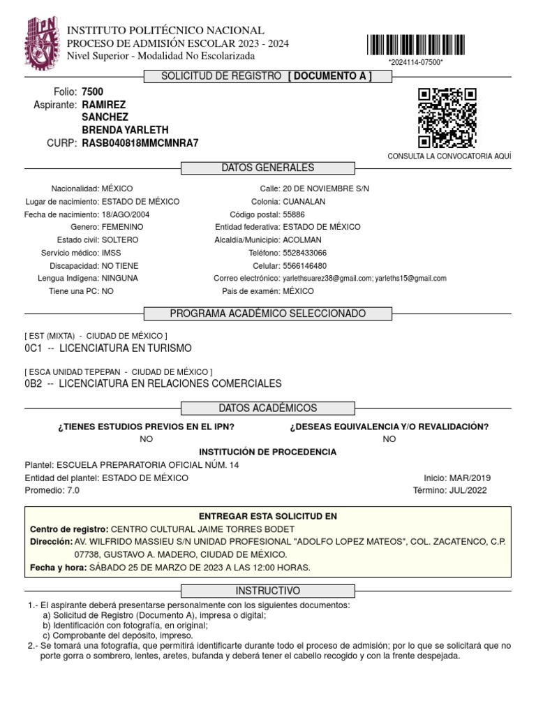 Instituto Politécnico Nacional Proceso de Admisión Escolar 2023 2024