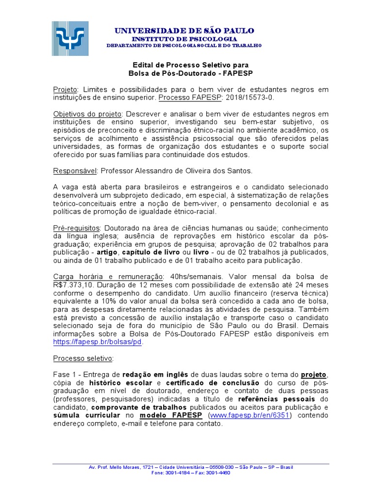 FAPESP, Edital Pós-Doc. Negro Academia PDF | PDF | Psicologia Social ...
