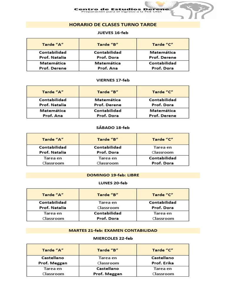 Horario - Turno Tarde | PDF