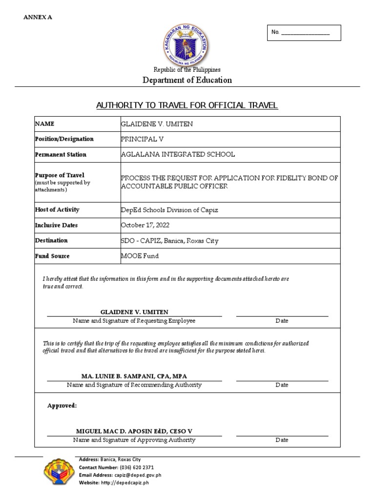 Official Travel Authorization for Glaidene Umiten | PDF