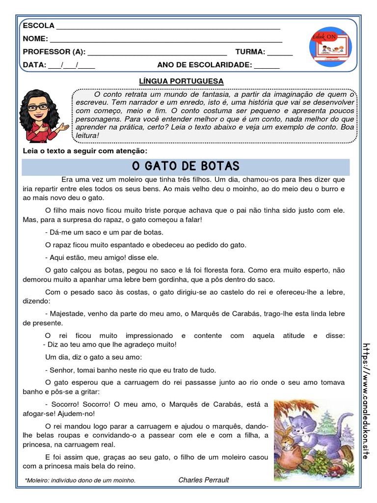Canal Eduk On o Gato de Botas Texto e Atividades | PDF | Contos | Gatos