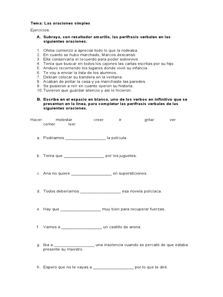 Ejercicios de oraciones simples en PDF | PDF | Artes del Lenguaje y ...