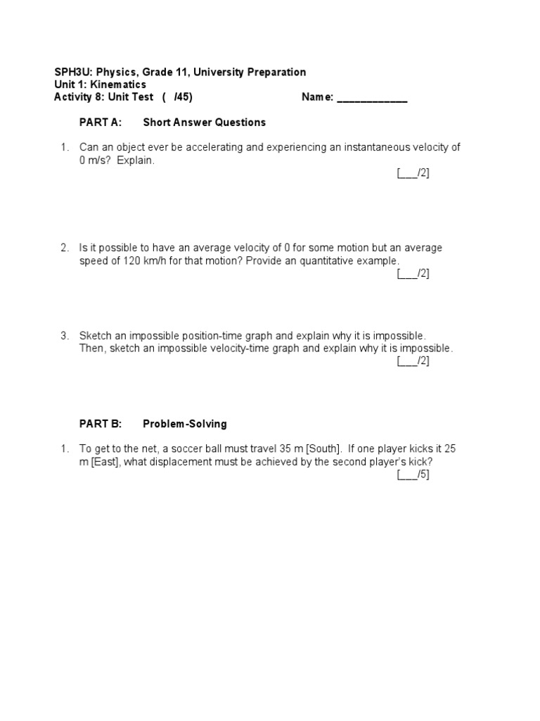 SPH3U U1 Unit Test Student PDF Acceleration Velocity