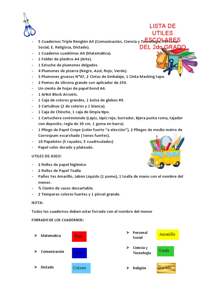 Lista Útiles Escolares 2do Grado 2023 | PDF