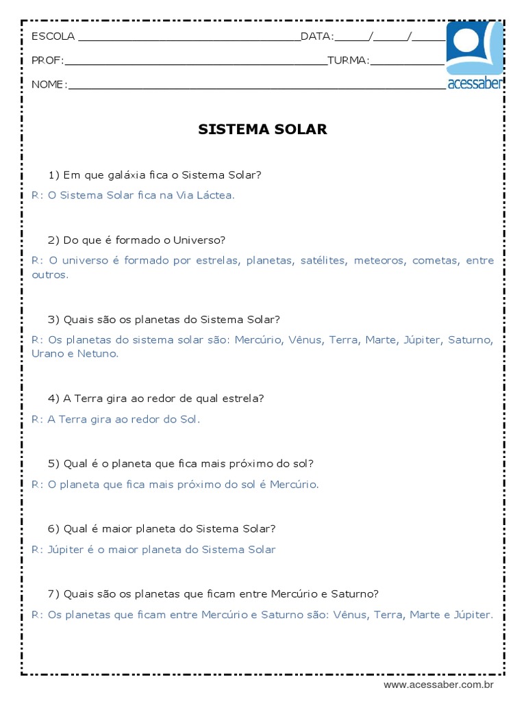 Atividade de Ciencias Sistema Solar 3 Ano e 4 Ano Respostas | PDF