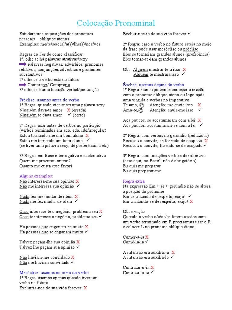 Regras de Colocação Pronominal | PDF | Linguística | Mecânica da linguagem