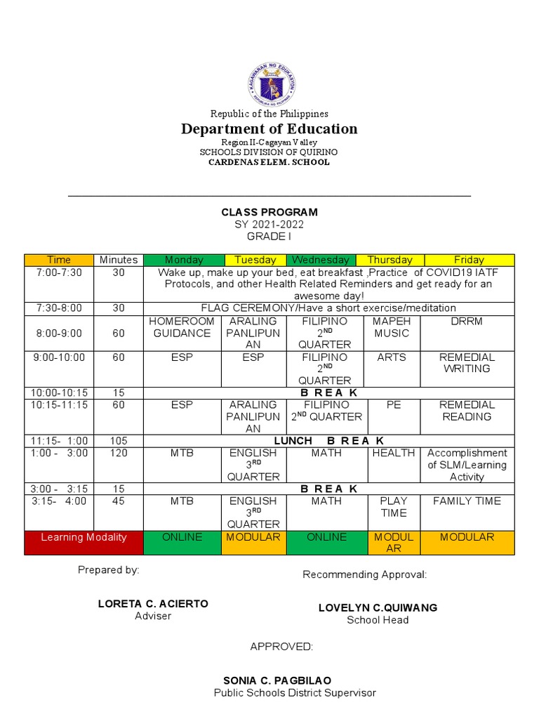 Grade 1 Class Program SY 2021-2022 | PDF