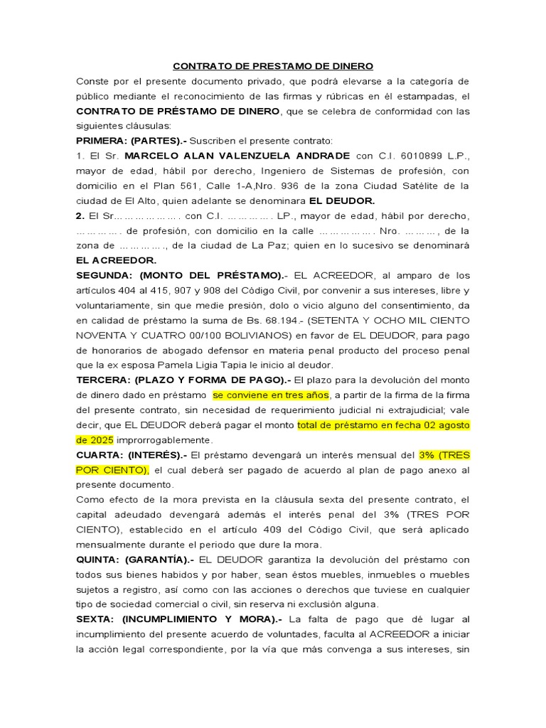Contrato de Prestamo de Dinero | PDF | Pagos | Justicia
