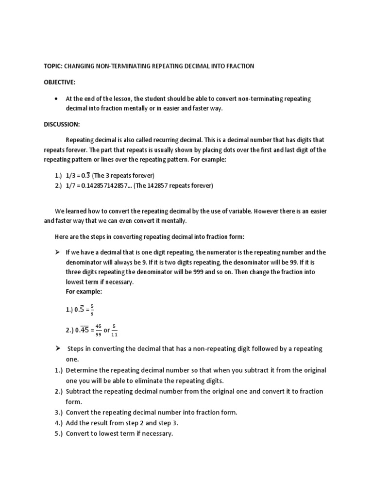 Changing Non-Terminating Repeating Decimal Into Fraction | PDF ...