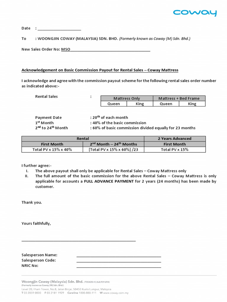 Mattress Sales Salesperson Ack. Letter PDF