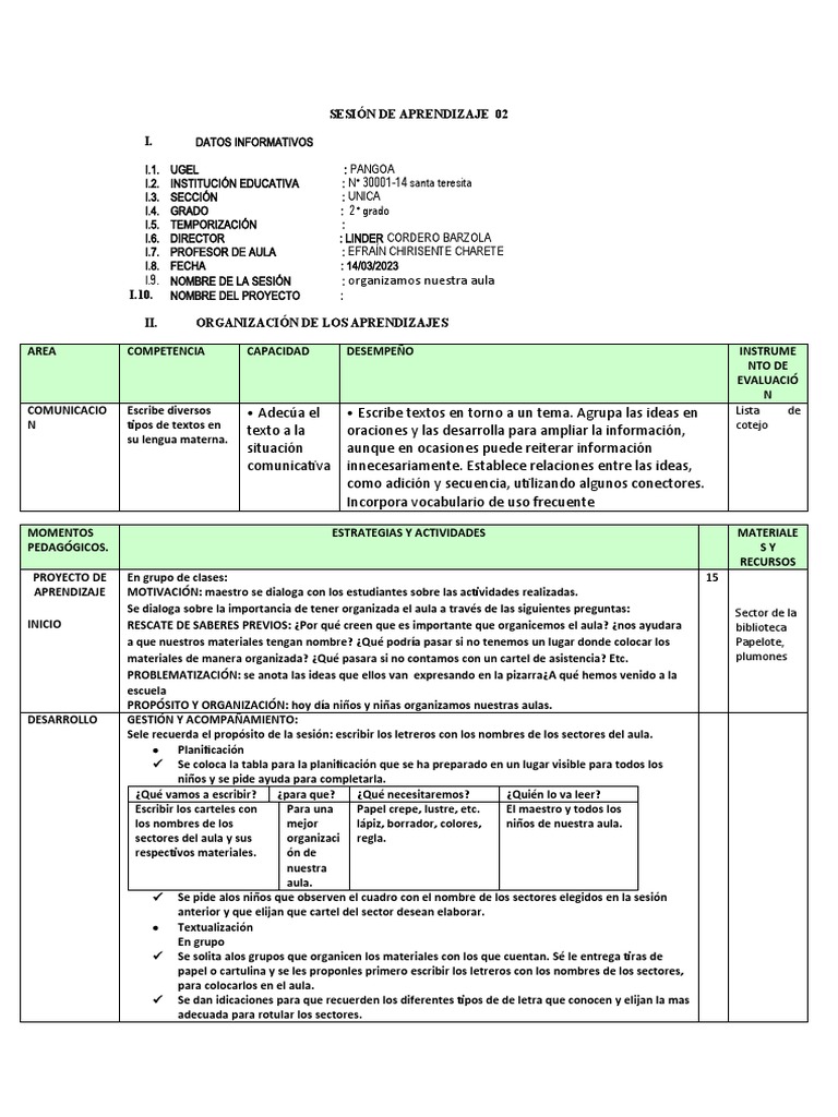 Organización del Aula en 2° Grado | PDF | Salón de clases | Aprendizaje